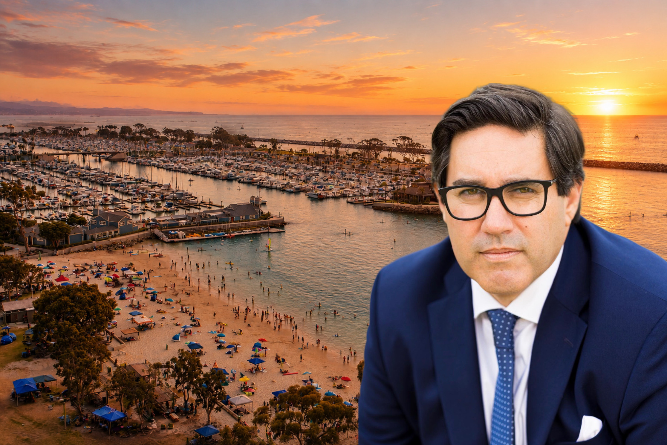 Gaetano Lo Grande overlooking Dana Point Harbor at sunset